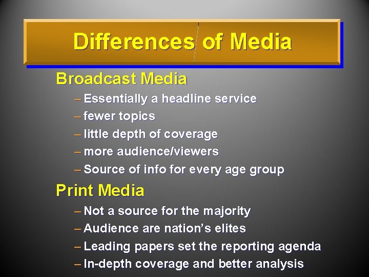 Differences of Media Broadcast Media – Essentially a headline service – fewer topics –