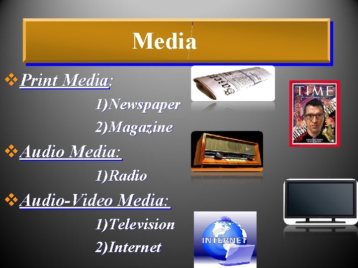 Media v. Print Media: 1)Newspaper 2)Magazine v. Audio Media: 1)Radio v. Audio-Video Media: 1)Television