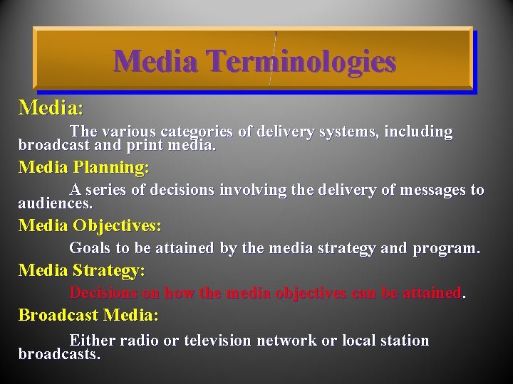 Media Terminologies Media: The various categories of delivery systems, including broadcast and print media.