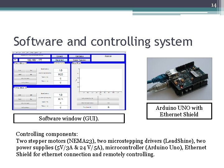14 Software and controlling system Software window (GUI). Arduino UNO with Ethernet Shield Controlling