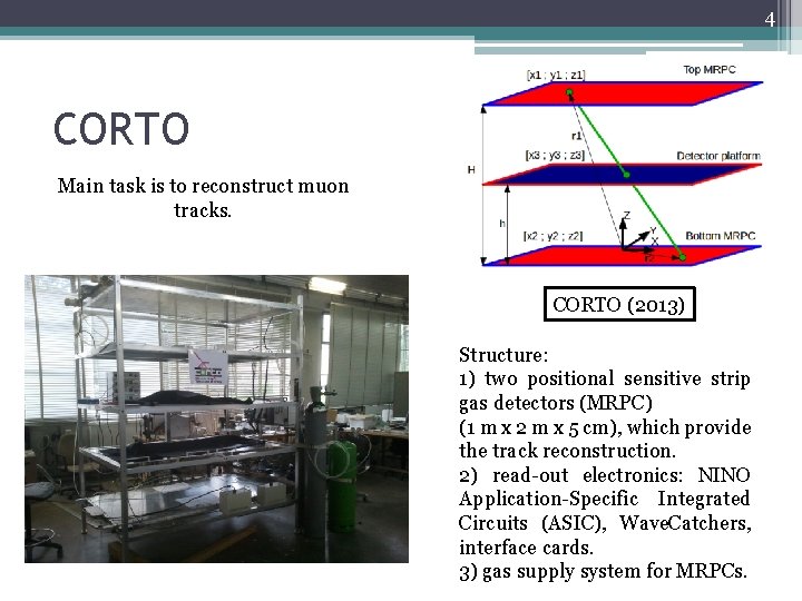 4 CORTO Main task is to reconstruct muon tracks. CORTO (2013) Structure: 1) two