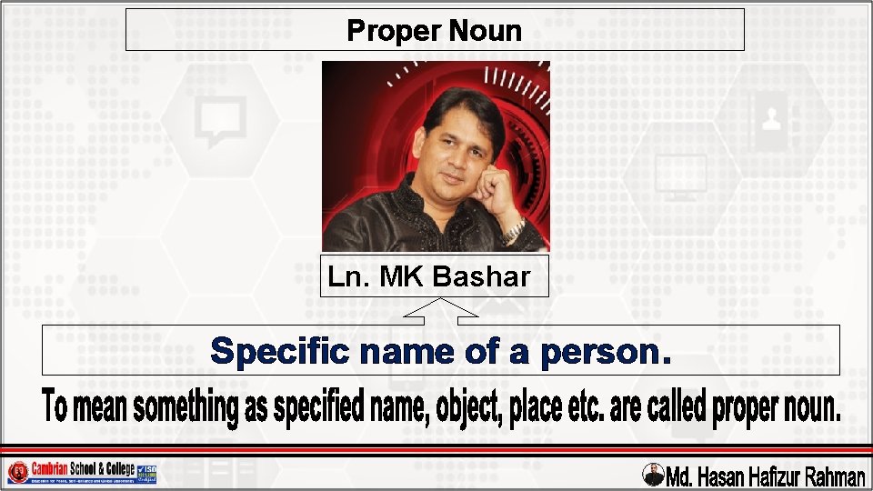 Proper Noun Ln. MK Bashar Specific name of a person. 