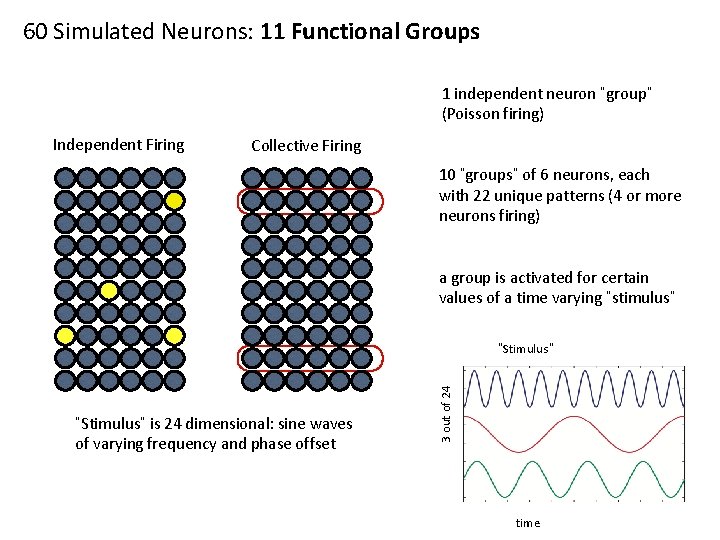 60 Simulated Neurons: 11 Functional Groups 1 independent neuron “group” (Poisson firing) Independent Firing