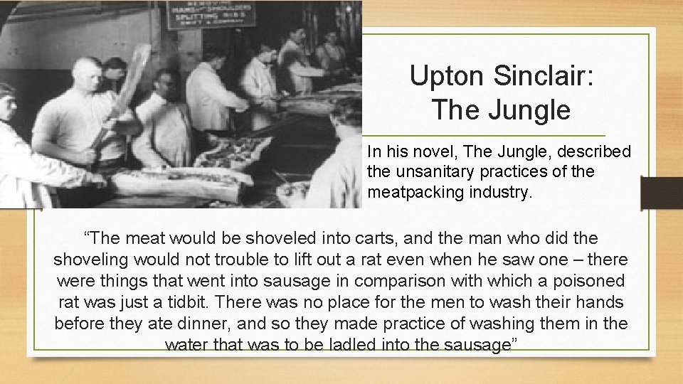 Upton Sinclair: The Jungle In his novel, The Jungle, described the unsanitary practices of
