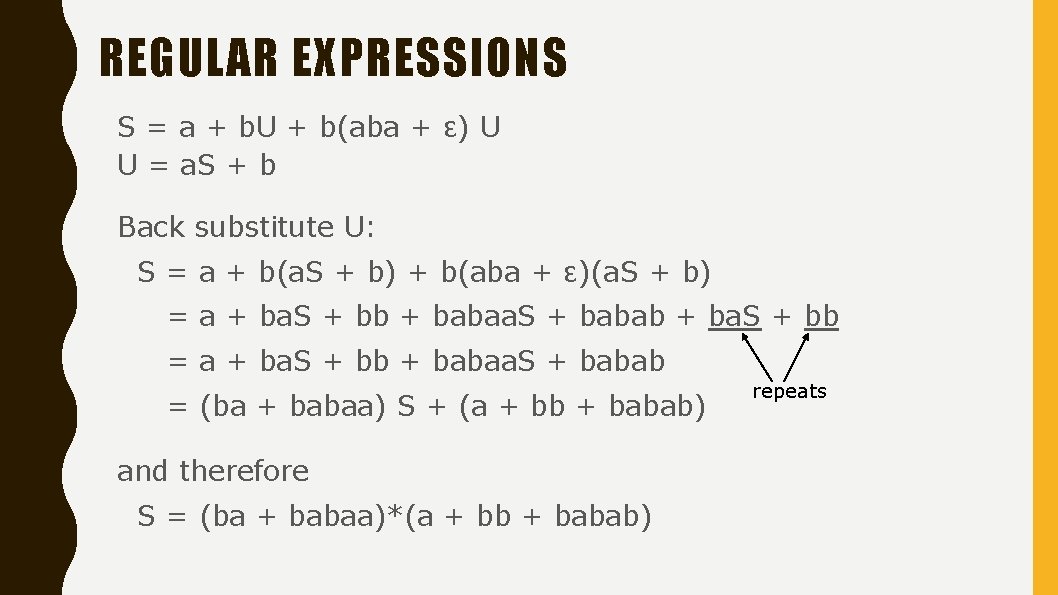 REGULAR EXPRESSIONS S = a + b. U + b(aba + ε) U U
