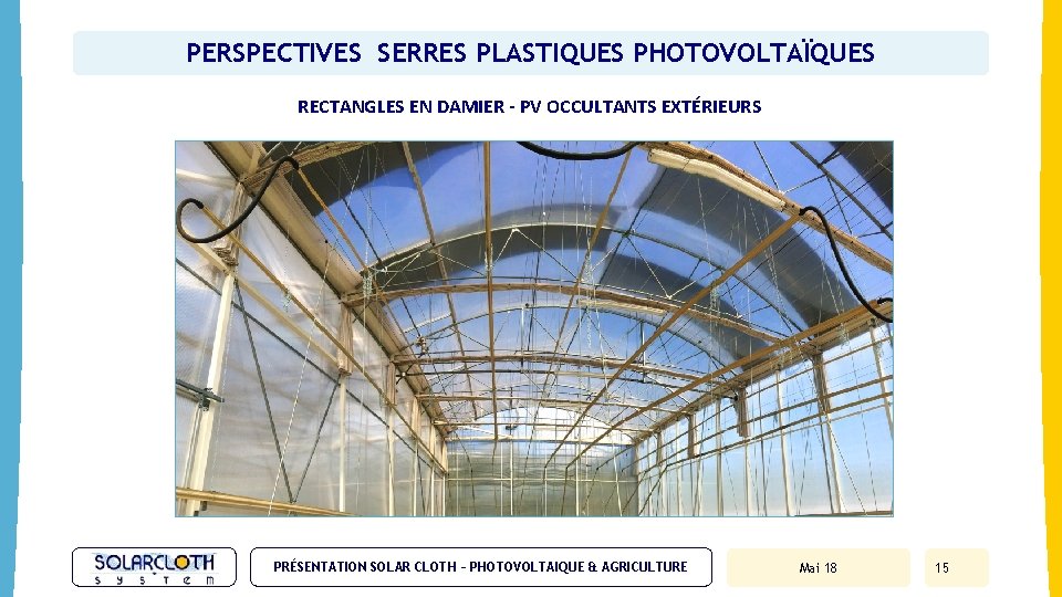 PERSPECTIVES SERRES PLASTIQUES PHOTOVOLTAÏQUES RECTANGLES EN DAMIER - PV OCCULTANTS EXTÉRIEURS PRÉSENTATION SOLAR CLOTH