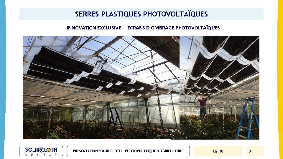 SERRES PLASTIQUES PHOTOVOLTAÏQUES INNOVATION EXCLUSIVE - ÉCRANS D’OMBRAGE PHOTOVOLTAÏQUES PRÉSENTATION SOLAR CLOTH – PHOTOVOLTAIQUE