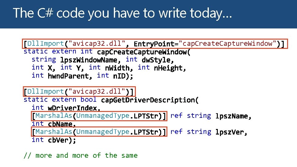 The C# code you have to write today… Dll. Import "avicap 32. dll" static