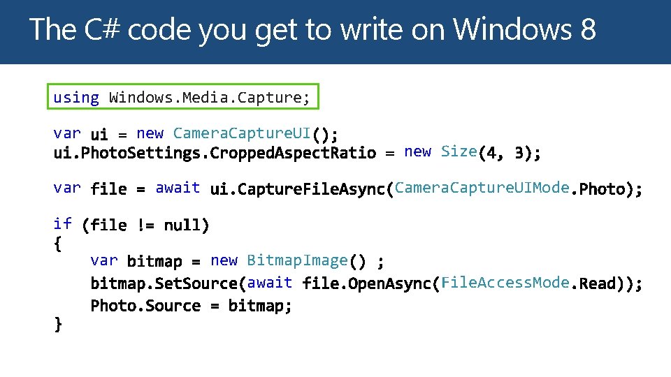 The C# code you get to write on Windows 8 using Windows. Media. Capture;