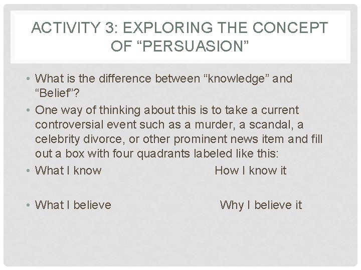 ACTIVITY 3: EXPLORING THE CONCEPT OF “PERSUASION” • What is the difference between “knowledge” ACTIVITY 3: EXPLORING THE CONCEPT OF “PERSUASION” • What is the difference between “knowledge”