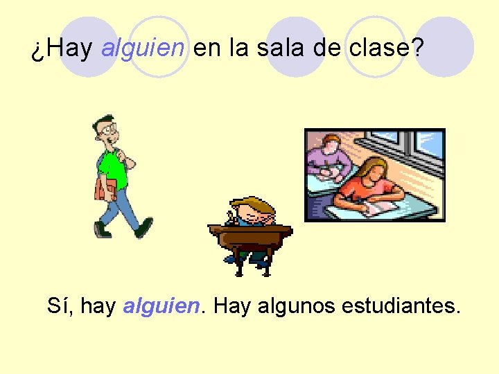 ¿Hay alguien en la sala de clase? Sí, hay alguien. Hay algunos estudiantes. 