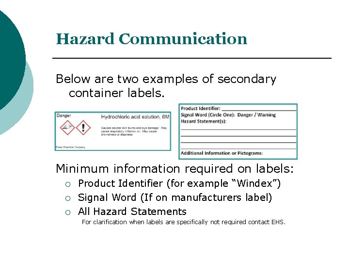 Hazard Communication Below are two examples of secondary container labels. Minimum information required on Hazard Communication Below are two examples of secondary container labels. Minimum information required on