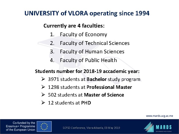 UNIVERSITY of VLORA operating since 1994 Currently are 4 faculties: 1. Faculty of Economy
