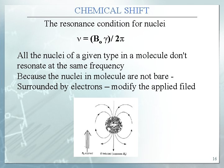 CHEMICAL SHIFT The resonance condition for nuclei ν = (Bo γ)/ 2π All the