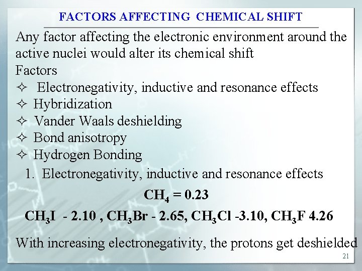 FACTORS AFFECTING CHEMICAL SHIFT Any factor affecting the electronic environment around the active nuclei