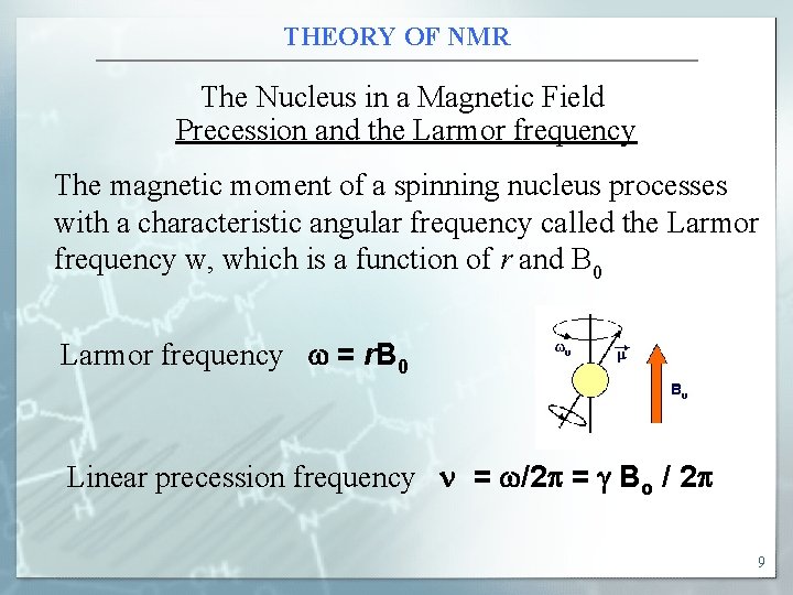 THEORY OF NMR The Nucleus in a Magnetic Field Precession and the Larmor frequency