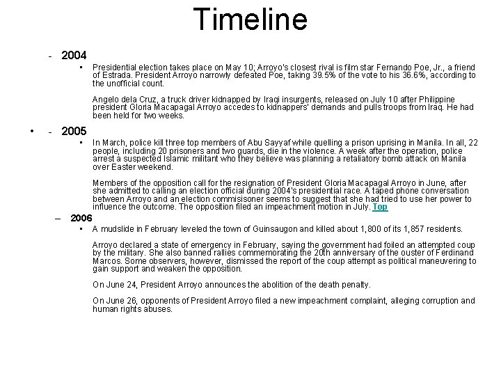 Timeline - 2004 • Presidential election takes place on May 10; Arroyo's closest rival