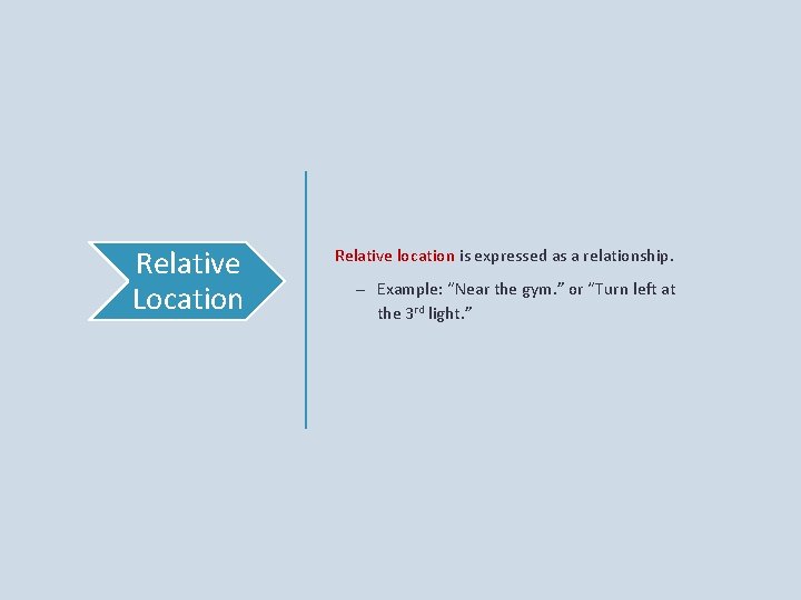 Relative Location Relative location is expressed as a relationship. – Example: “Near the gym.