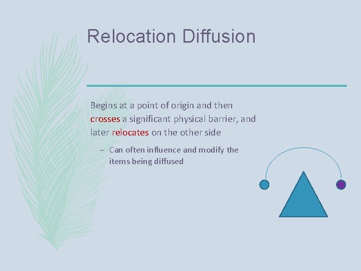 Relocation Diffusion Begins at a point of origin and then crosses a significant physical