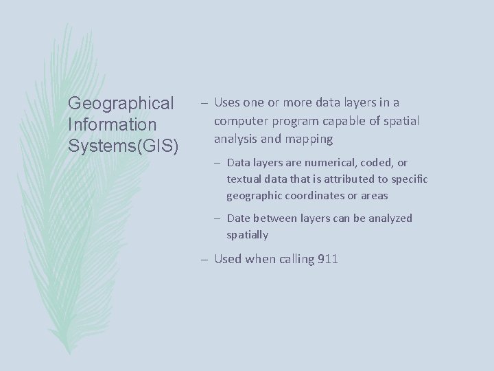 Geographical Information Systems(GIS) – Uses one or more data layers in a computer program