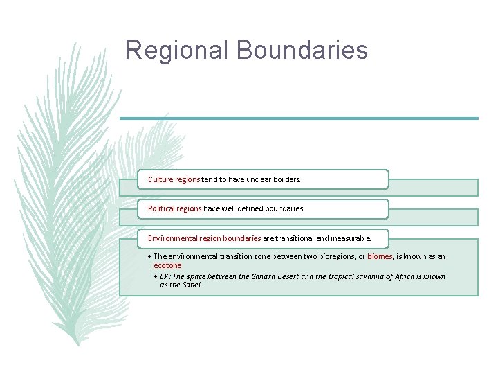 Regional Boundaries Culture regions tend to have unclear borders. Political regions have well defined