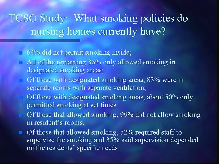 TCSG Study: What smoking policies do nursing homes currently have? n n n 64%