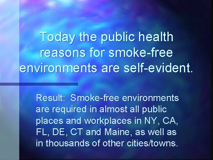Today the public health reasons for smoke-free environments are self-evident. Result: Smoke-free environments are