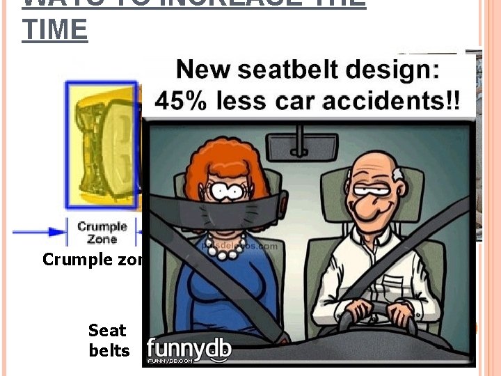 WAYS TO INCREASE THE TIME Crumple zones Seat belts Air bags WAYS TO INCREASE THE TIME Crumple zones Seat belts Air bags