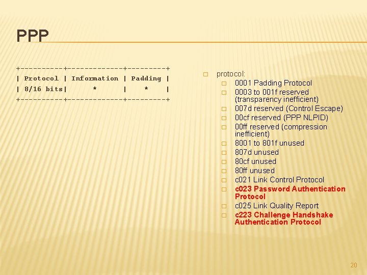 PPP +-------------+-----+ | Protocol | Information | Padding | | 8/16 bits| * |