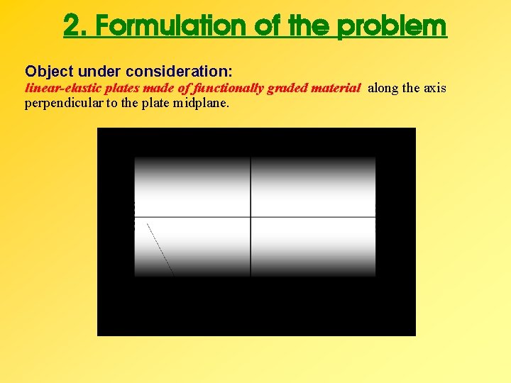2. Formulation of the problem Object under consideration: linear-elastic plates made of functionally graded