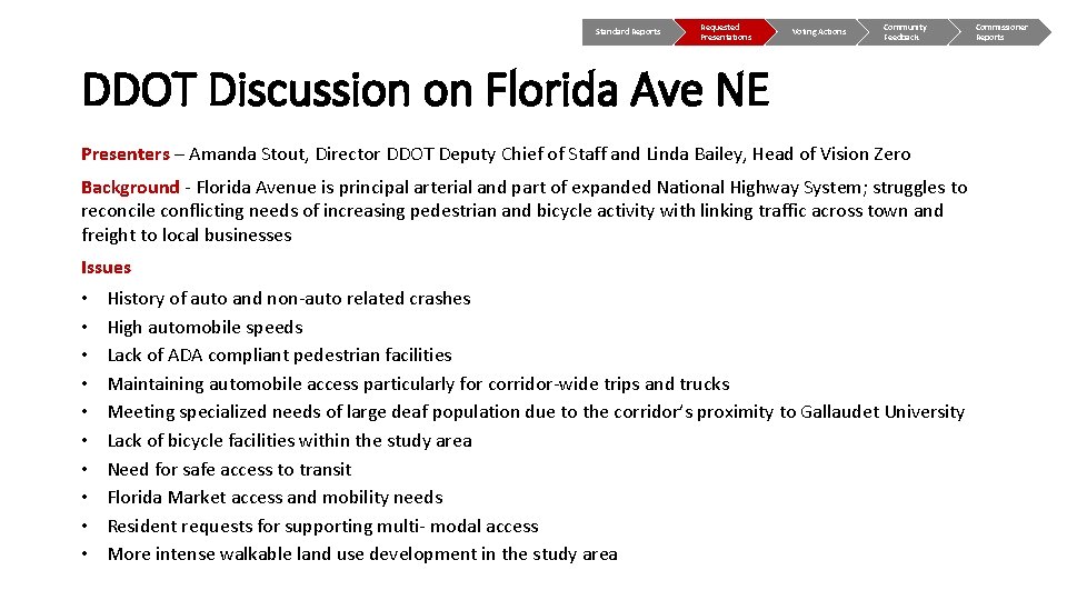 Standard Reports Requested Presentations Voting Actions Community Feedback DDOT Discussion on Florida Ave NE