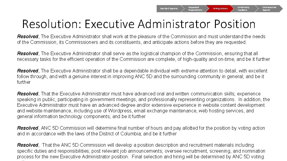Standard Reports Requested Presentations Voting Actions Community Feedback Commissioner Reports Resolution: Executive Administrator Position
