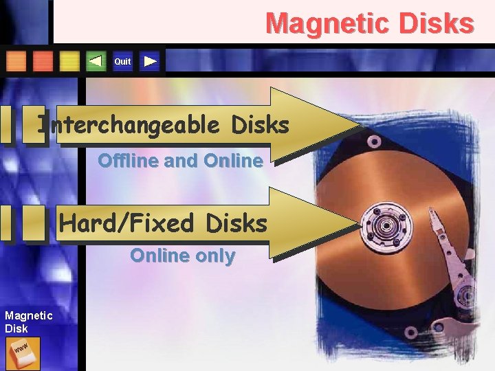 Magnetic Disks Quit Interchangeable Disks Offline and Online Hard/Fixed Disks Online only Magnetic Disk