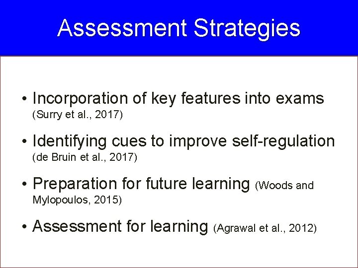 Assessment Strategies • Incorporation of key features into exams (Surry et al. , 2017)
