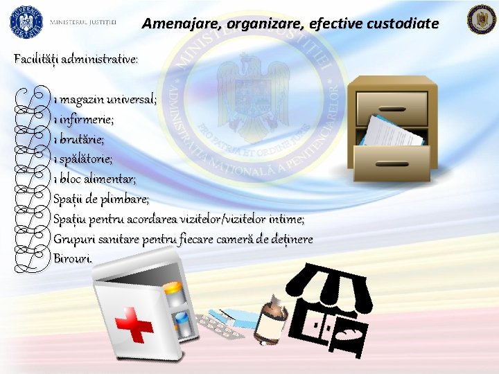 Amenajare, organizare, efective custodiate Facilități administrative: 1 magazin universal; 1 infirmerie; 1 brutărie; 1