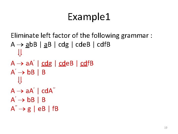 Example 1 Eliminate left factor of the following grammar : A ab. B |