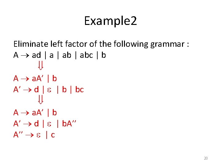 Example 2 Eliminate left factor of the following grammar : A ad | abc