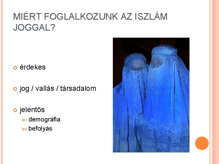 MIÉRT FOGLALKOZUNK AZ ISZLÁM JOGGAL? érdekes jog / vallás / társadalom jelentős demográfia befolyás