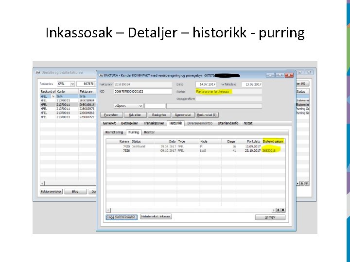 Inkassosak – Detaljer – historikk - purring 