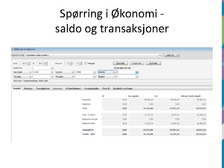 Spørring i Økonomi saldo og transaksjoner 