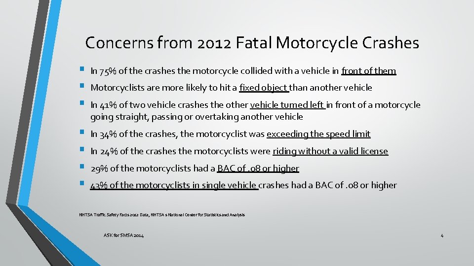 Concerns from 2012 Fatal Motorcycle Crashes § § § In 75% of the crashes