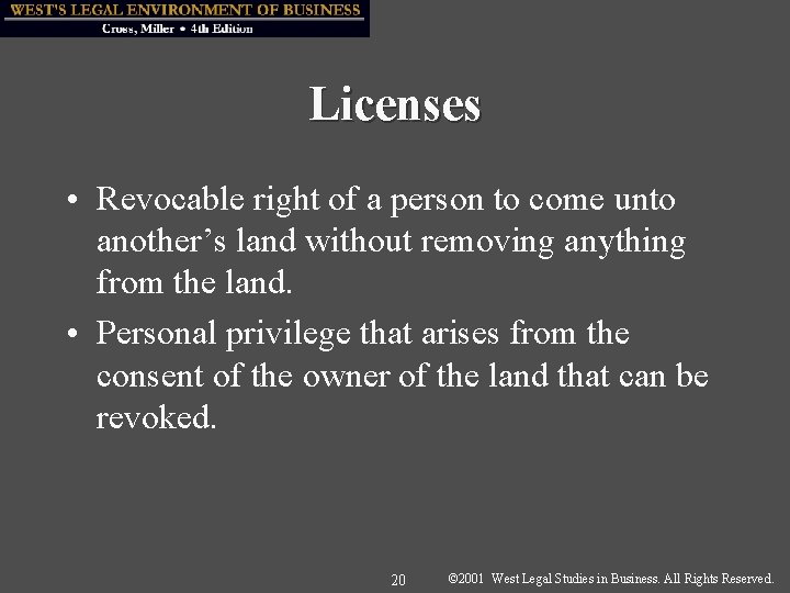 Licenses • Revocable right of a person to come unto another’s land without removing
