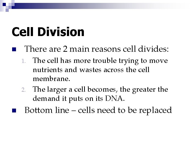 Cell Division n There are 2 main reasons cell divides: The cell has more
