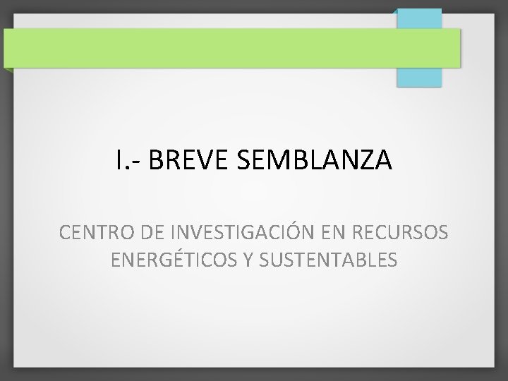 I. - BREVE SEMBLANZA CENTRO DE INVESTIGACIÓN EN RECURSOS ENERGÉTICOS Y SUSTENTABLES 