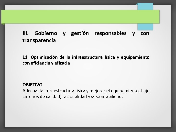 III. Gobierno y gestión responsables y con transparencia 11. Optimización de la infraestructura física