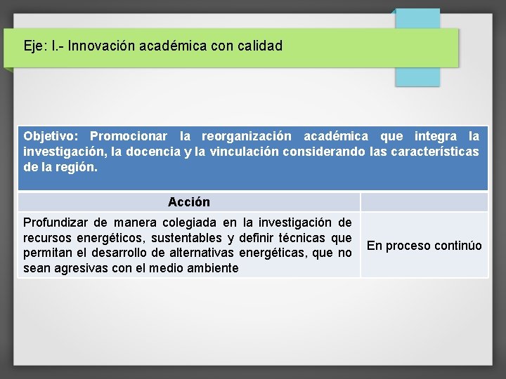 Eje: I. - Innovación académica con calidad Objetivo: Promocionar la reorganización académica que integra