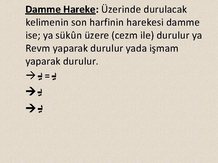 Damme Hareke: Üzerinde durulacak kelimenin son harfinin harekesi damme ise; ya sükûn üzere (cezm