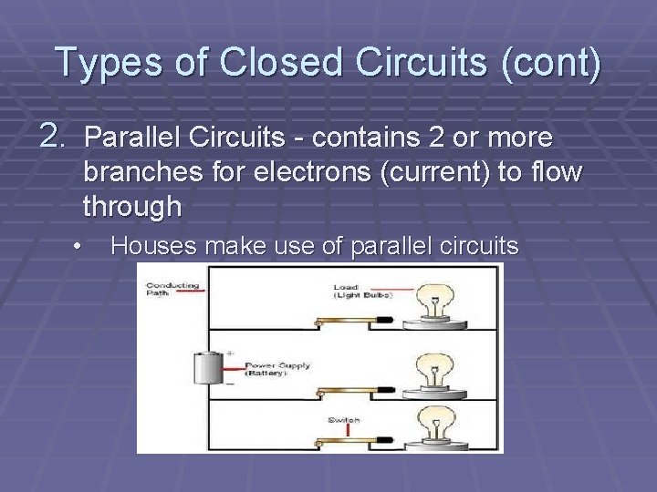 Types of Closed Circuits (cont) 2. Parallel Circuits - contains 2 or more branches