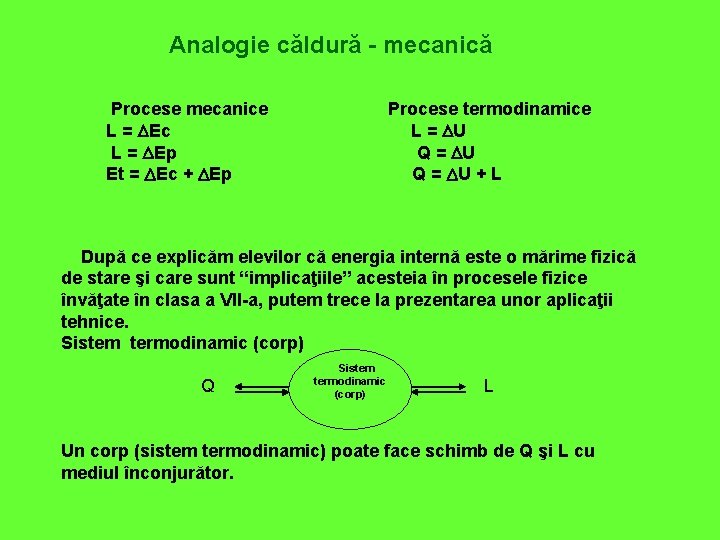 Analogie căldură - mecanică Procese mecanice L = Ec L = Ep Et =