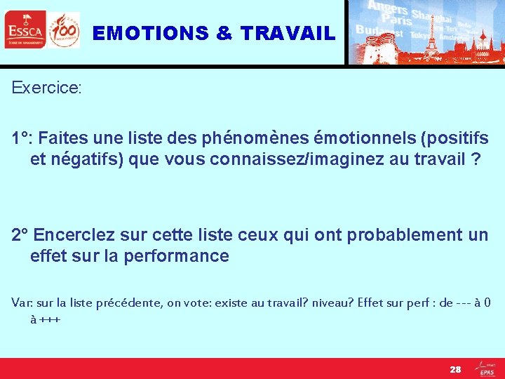 EMOTIONS & TRAVAIL Exercice: 1°: Faites une liste des phénomènes émotionnels (positifs et négatifs)